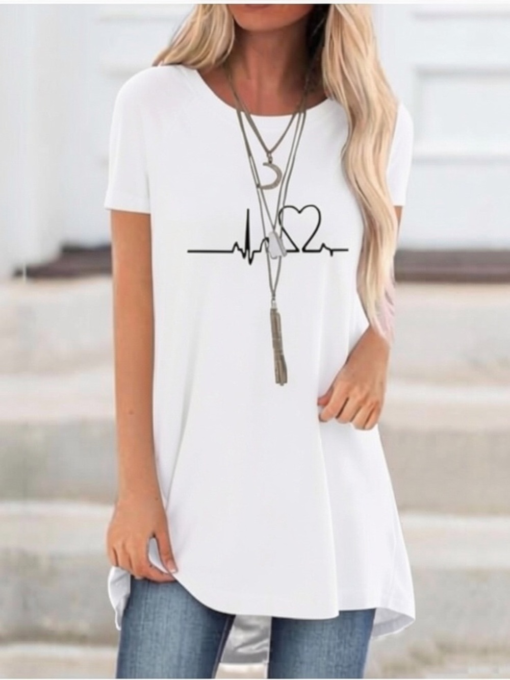 Women’s White Heartbeat Graphic Tee Tunic Casual Short Sleeve Top Size-XL NIB